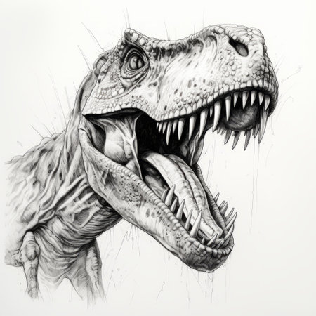 t-rex drawing: a stunning concept drawing of a t-rex, created in the style of realistic hyper-detailed portraits. this 8k resolution artwork showcases monochromatic ink washes, providing a realistic portrayal of the mighty dinosaur. the use of redshift adds depth and character to the piece, while the skillful pen and ink technique makes it truly captivating. this masterpiece was the well-deserved winner of a contest. aiの素材