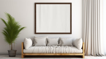 a minimalist indonesian art-inspired sofa placed in an open space, featuring a blank frame within view. the white and brown color scheme adds a touch of simplicity, while the intentionally canvas design exudes a contemporary vibe. the large canvas paintings in the background enhance the artistic ambiance. this high-resolution image captures the essence of sopheap pich's unique style. ai generatedの素材