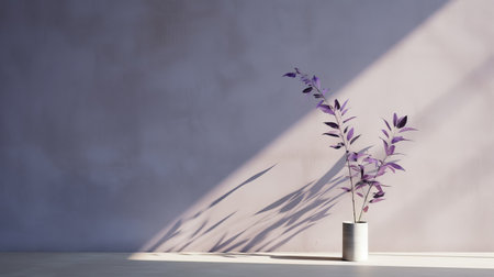 a white vase with a purple flower sits in front of a purple wall, creating a striking contrast. the naturalistic shadows add depth to the minimalistic japanese style. the light purple and gray tones enhance the nature-inspired installations. sunrays gently shine upon the arrangement, highlighting the minimalist monochromes. ai generatedの素材
