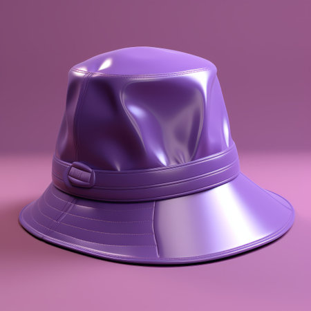 the purple leather bucket hat is showcased against a vibrant pink backdrop, creating a visually striking contrast. this unique hat, crafted with attention to detail, embodies a futuristic realism aesthetic. the use of vray tracing and plastic materials adds a touch of modernity, while the zbrush technique ensures intricate design. this commissioned piece captures the essence of porcelain elegance, reminiscent of kodak colorplus aesthetics. aiの素材