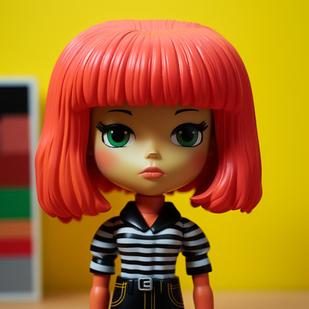 black plastic doll with red hair sitting on a yellow background, captured in the style of fujifilm pro 800z. this close-up photo, taken with a nikon d750, showcases bold, manga-inspired characters. the striped compositions, along with the retro visuals in light pink and dark orange, add intensity to the image. ai generatedの素材