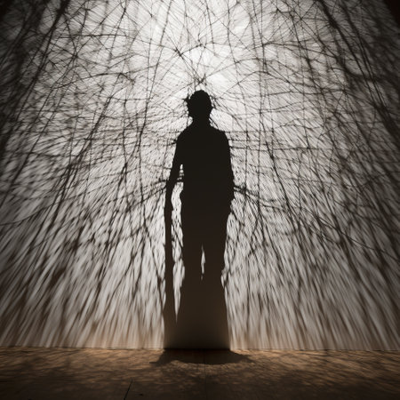 a tall figure stands in the shadows of a sculpture, surrounded by intertwined networks and haunting visuals. the sculpture is a life-sized installation in the style of kinetic installations, featuring backlight and tenebrism effects. this conceptual installation creates a captivating and mysterious atmosphere. ai generatedの素材