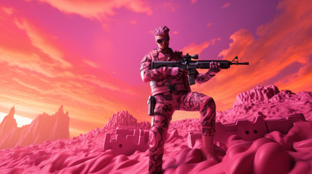 a soldier in pink, armed with guns, stands against a vibrant pink desert backdrop. this 8k 3d psychedelic illustration showcases a unique blend of pseudo-infrared and sculpted elements. created in the style of chad knight and john le, the monochromatic intensity adds to the captivating visual experience. ai generatedの素材