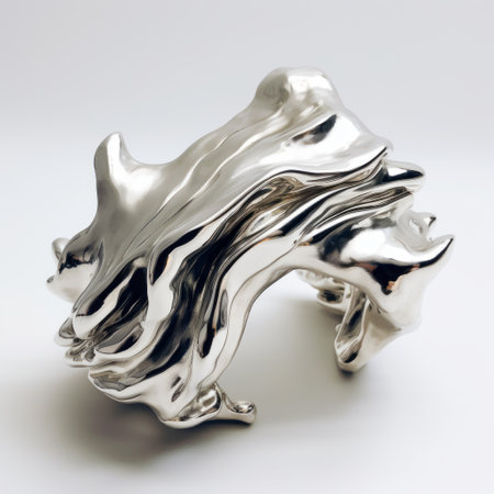 a chrome-plated cuff drawing available on etsy, featuring expressionistic distorted forms. this minimalistic clam sculpture, created using zbrush, showcases fluid and abstract expressionism. the sculpture installation portrays a melting effect, adding a unique touch to its overall aesthetic. ai generatedの素材