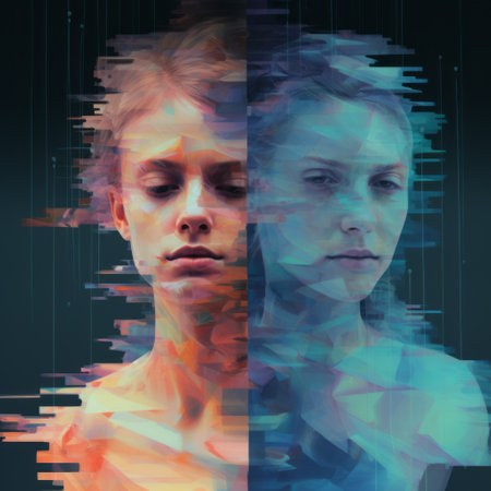 a digitally combined photo showcases a woman and a girl in a futuristic fragmented style. the dark cyan and light amber tones create a visually striking contrast. the soft-focus portraits highlight fragmented bodies and serene faces. the overall effect portrays trapped emotions with a touch of redshift. ai generatedの素材