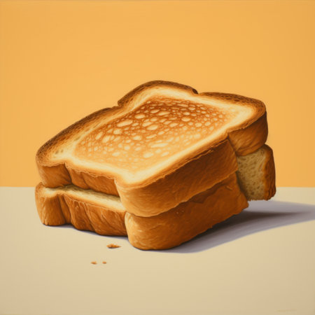 a sandwiched bread with toast on top, captured by samuel hayri, showcases a photorealistic painting style. the light orange and white hues create a vibrant and bold chromaticity. the image evokes a sense of a heatwave, with dusty piles and a symmetrical composition. this artwork challenges the notion of "bad painting" and offers a unique perspective. ai generatedの素材