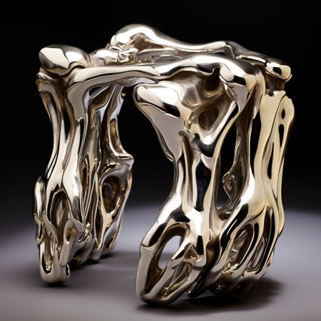 an outsider art cuff available on etsy showcases expressionistic distorted forms and minimalistic monkey sculptures. created using zbrush, this chrome-plated cuff embodies fluidity and abstract expressionism. the sculpture installation features a melting effect, adding a unique touch to this captivating piece. ai generatedの素材