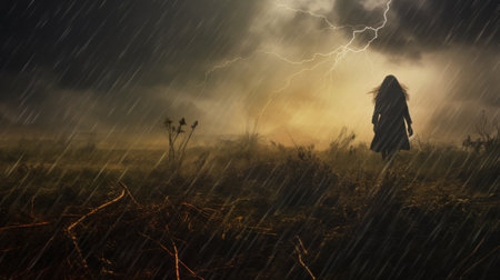 a rain landscape wallpaper captures the essence of a rainy day, with a post-apocalyptic twist. the image showcases dramatic figurative elements, including lightning waves and haunting shadows. the uhd quality of the image brings out the intricate details, while the vignetting effect adds a touch of mystery. this nature painter's creation is truly captivating. ai generatedの素材