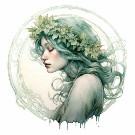 an older woman wearing a beautiful flower crown is depicted in this highly detailed painting. the artwork showcases a fantasy-inspired style with light emerald and white hues. the gloomy yet nature-inspired art nouveau elements add a touch of mystique to the matte drawing. the fluid brushstrokes bring the image to life. ai generatedの素材