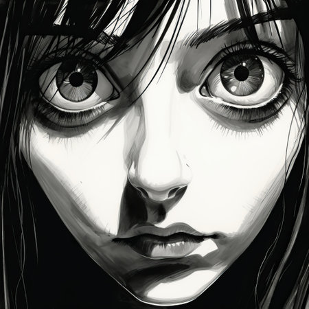 a young girl with captivating eyes and flowing long dark hair is depicted in this photo, reminiscent of noir comic art. the image showcases dynamic and exaggerated facial expressions, while maintaining a realistic hyper-detail. drawing inspiration from horror manga, tim burton, george bellows, and punctuated caricature, this artwork is a unique blend of various artistic influences. ai generatedの素材