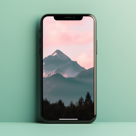 an iphone showcasing a stunning mountain view set against a vibrant green background. this minimalist-style photo features a combination of light magenta and dark gray tones, creating a visually captivating atmosphere. with its hyper-realistic details and 8k resolution, this image truly captures the beauty of nature. the composition is enhanced by the layered and atmospheric landscapes, while the contrasting light cyan and black elements addの素材