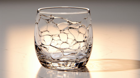 an empty glass of water captured in a photo-realistic style using vray tracing. the pointillist technique with small brush marks adds a unique texture to the image, while the marbleized and irregular forms create an artistic touch. the handcrafted designs showcase intricate details, and the shiny, glossy finish enhances the overall visual appeal. ai generatedの素材