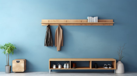 three coat racks hang on a green wall adorned with a blue wooden panel, showcasing a blend of natural minimalism and cabincore aesthetics. the color palette features light navy and brown tones, reminiscent of charles spencelayh's monochromatic studies. this study place exudes a minimalistic japanese vibe, perfect for those seeking simplicity and tranquility. ai generatedの素材