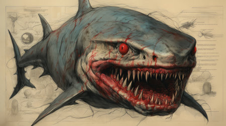 a macabre illustration of a shark wearing a t-shirt, showcasing its numerous large teeth. this realistic and hyper-detailed rendering features a combination of light indigo and red colors. the pencil sketches resemble gritty horror comics, creating a transfixing marine scene. the image resolution is 3840x2160. ai generatedの素材