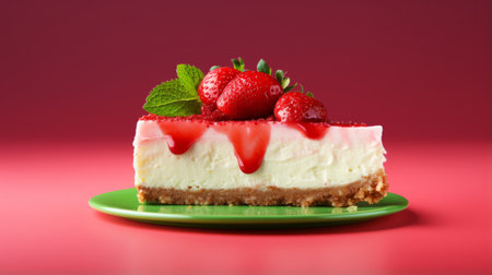 a slice of strawberry cheesecake on a green background. high-resolution image showcasing the texture and details of the dessert. perfect for stock photo use. ai generatedの素材