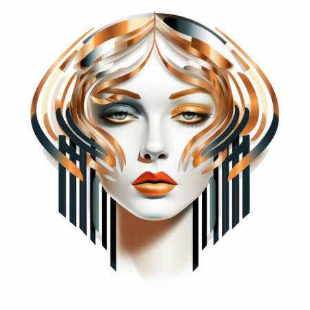 a woman's face adorned with intricate golden stripes, reminiscent of art deco geometric shapes. the highly detailed illustrations showcase a captivating blend of dark white and light orange hues. the graceful sculptures appear as if made of liquid metal, with multi-layered figures adding depth to the composition. these charming character illustrations exude a unique and mesmerizing allure. ai generatedの素材