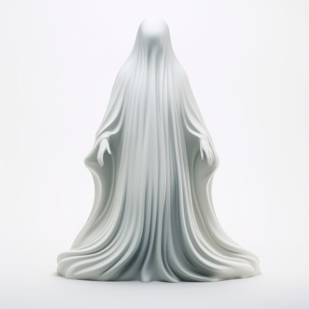 a ghost sculpture in white, isolated on a white background, captures the essence of dramatic and somber religious works. created using holotone printing, this 3d sculpture depicts a translucent color, giving it an ethereal appearance. shot on 70mm film, the porcelain sculpture exudes a gloomy atmosphere. ai generatedの素材