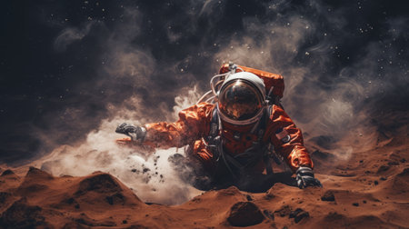 a man in a spacesuit jumps over the dust, captured in a candid shot. the photo features a dark orange and red color palette, with earthy textures and nature-inspired imagery. it is a close-up shot that showcases the narrative-driven visual storytelling style, often seen in social media portraiture of famous figures. ai generatedの素材