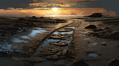 a rocky path winds through a serene natural landscape in this captivating illustration. the path, reminiscent of post-apocalyptic worlds and luminous seascapes, is depicted in the style of precisionist art. this british topographical scene, resembling a national geographic photo, showcases an organic and fluid composition, almost like an archaeological object waiting to be discovered. ai generatedの素材