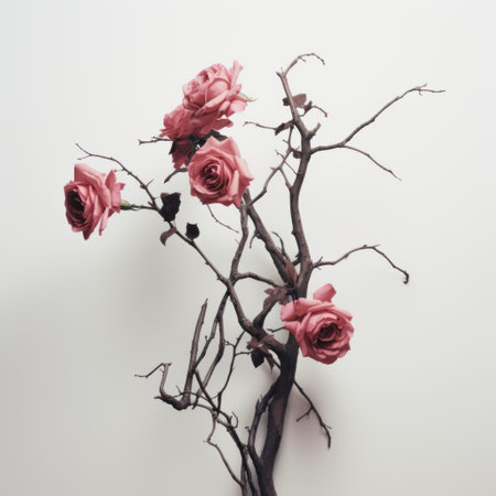 three dried up roses, reminiscent of gabriel isak's style, are showcased on a white background. the twisted branches add a touch of joel robison's artistic influence. the pink hue of the roses complements the mixed media installations, while the baroque-inspired chiaroscuro technique adds depth. this nature-inspired installation captures the essence of beauty in decay. ai generatedの素材