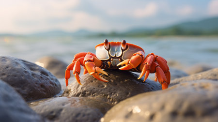 a crab gracefully navigates across the rocky terrain in the stunning ocean waters. this national geographic photo captures the scene with photorealistic accuracy, showcasing the vibrant orange hues of the crab. the innovative techniques used in this matte photo emphasize the bold chromaticity, creating a visually captivating image. the inclusion of animal figurines adds an intriguing element to the composition. ai generatedの素材