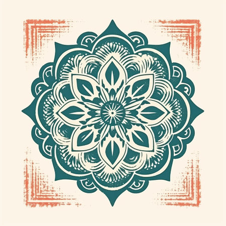 a decorative abstract floral flower in an ethnic art style design vector illustration. the artwork is inspired by the dark teal and light beige color palette and showcases influences from shepard fairey, zen buddhism, and intaglio printmaking. the print features a combination of light red and light emerald hues, along with religious symbolism. ai generatedの素材