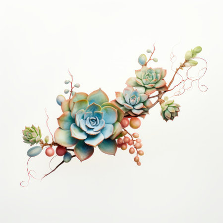 watercolor stylized succulents on a white background, resembling wall sculpture and installation. the dark aquamarine and light amber hues create an elaborate fruit arrangement. the organic sculpting showcases photorealistic detail, resulting in fanciful and dreamlike imagery. the composition achieves an asymmetric balance. ai generatedの素材