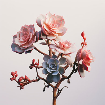 succulents in their natural habitat, captured in a meticulous and photorealistic style reminiscent of still lifes. this july 2018 image showcases delicate flowers in shades of light pink and light bronze, presented as a polychrome sculpture. the use of octane render and post-processing techniques result in multi-layered compositions that bring out the beauty of these plants. ai generatedの素材