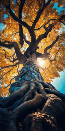 a photo capturing the grandeur of a giant gnarly old tree, adorned with blue and yellow leaves, from an upward angle. the upshot perspective offers a skyward view, showcasing the intricate details of the tree's branches. taken during the golden hour, the ethereal atmosphere adds a touch of fantasy to the scene. ai generatedの素材