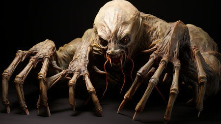 a massive, spine-chilling creature with a unique crawling posture is depicted in this high-definition image. created using zbrush software, the tabletop photography showcases foreshortening techniques, capturing the creature's eerie presence. the image embodies the zombiecore aesthetic, resembling a maquette brought to life through freehand painting. ai generatedの素材