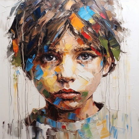 an abstract painting featuring a boy adorned with vibrant water drops cascading from his hair. this artwork, inspired by the styles of andrew atroshenko and nicolas poussin, showcases emotionally charged portraits with a geometric touch. captured in stunning 32k uhd resolution, this masterpiece by tim okamura is truly breathtaking. ai generatedの素材