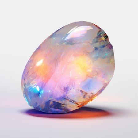 a colorful stone placed on a transparent surface, showcasing a holographic effect with realistic lighting. the image combines elements of futuristic and victorian styles, with a light azure and orange color scheme. delicate materials are used, resulting in a light white and light magenta appearance. ai generatedの素材