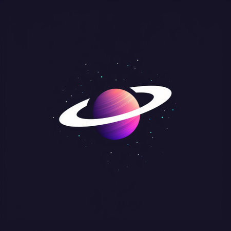 a small planet logo with a retrowave-inspired design, set in a universe filled with multiple stars. the logo features clean and simple designs, incorporating a color gradient and the unique effect of a sabattier filter. the overall style is flat yet expressive, with eye-catching soft and rounded forms. ai generatedの素材