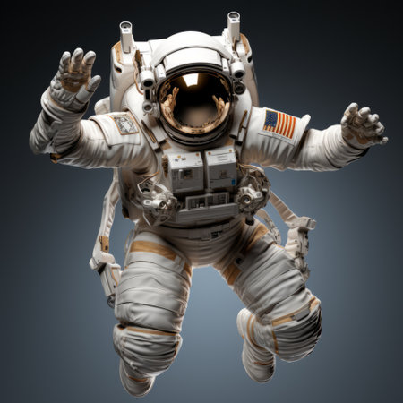 a 3d model of an astronaut in space, showcasing a dynamic pose and realistic hyper-detailed rendering. the dark white background adds a high-angle perspective, while the astronaut's elaborate costume and metallic rotation create an exuberant visual. ai generatedの素材