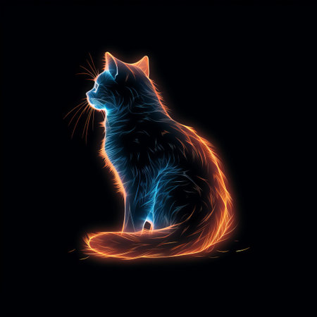 a cat in the dark sitting on a screen, surrounded by vivid energy explosions. the highly detailed illustrations feature a combination of light blue and amber colors, with smooth and curved lines. the overall effect is a nightmarish yet energy-filled scene, with a striking contrast between light red and dark blue tones. ai generatedの素材