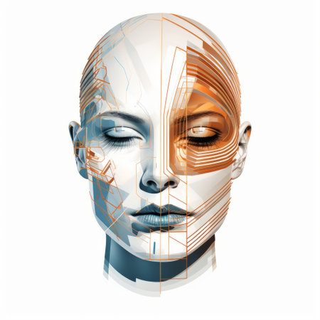 a women's face adorned with a smart technology design, featuring intricate lines and detailed figures in a light gray and bronze color scheme. the image showcases a blend of dark white and orange tones, enhanced by split toning techniques. the isolated figures exude a machine-like precision, creating a visually captivating and futuristic aesthetic. ai generatedの素材