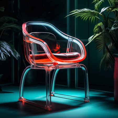 a neon chair, designed with transparent layers in light red and light cyan, illuminates a dim corner of a room. this unique piece combines elements of metropolis and nature, showcasing the expertise of an object portraiture specialist. with influences from majismo, industrial and product design, and high-tech futurism, this chair is a striking addition to any space. ai generatedの素材