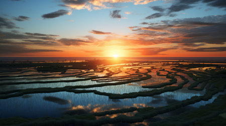 a stunning sunset casts a warm glow over a serene blue lake nestled amidst lush rice fields. this surreal 3d landscape, reminiscent of dutch marine scenes, captivates with its intricate details and vibrant colors. the light red and light amber hues create a naturalistic ambiance, while the ocean waves add a touch of liveliness. this image evokes a sense of environmental activism and showcases theの素材