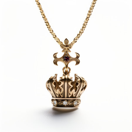 a stunning gold crown jewelry necklace, crafted with meticulous attention to detail, is captured in this photorealistic still life. the intricate design and exquisite craftsmanship make it a true kingcore accessory, perfect for adding a touch of regal elegance to any ensemble. ai generatedの素材