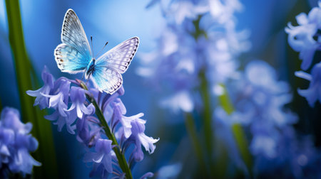 colorful blue butterflies gracefully rest on a bed of vibrant bluebells, creating a stunning scene reminiscent of realistic still lifes. the composition is enhanced by dramatic lighting, simplicity, and monochromatic color palettes. captured with the ferrania p30 film, the image showcases accurate and detailed features. the overall effect is a series of vibrant, airy, and soft romantic scenes. ai generatedの素材