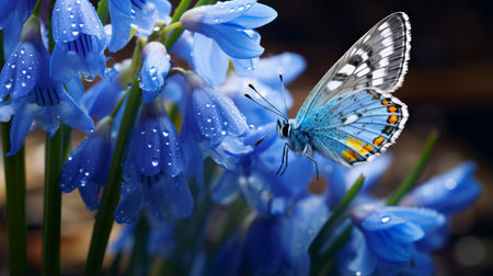 blue butterfly hovering above cluster of blue flowers with raindrops. realistic portrayal of light and shadow, bold chromaticity, dynamic color combinations, light silver and blue, vivid color scheme, vibrant color scheme. ai generatedの素材
