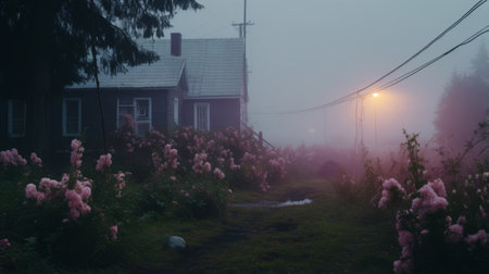 a road winds its way towards a house, with a streetlamp casting a soft glow behind it. this hazy and romantic scene captures the essence of flowerpunk, new american documentary photography, and norwegian nature. the eerily realistic depiction of everyday life adds a touch of cabincore to this captivating image. ai generatedの素材
