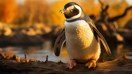 a penguin stands on a submerged object in the water, illuminated by a golden light. the photograph captures the intricate details of the penguin's features, showcasing the artistry of bill gekas. shot with a large format lens, this close-up image highlights the animalier style and evokes the works of santiago rusinol. ai generatedの素材