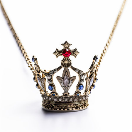 an ornate gold and blue stone crown, crafted in a cross-processing style, serves as a modern jewelry piece. this 32k uhd photograph captures the intricate details of the crown, highlighting its consumer culture critique. the light silver and red tones add a touch of elegance, while the tokina at-x 11-16mm f2.8 pro dx ii lens ensures a sharp and professional image. ai generatedの素材