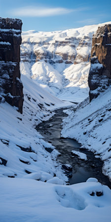 a stunning photo of a canyon in iceland, captured along the gudvangenfjord road. the image showcases the majestic kangchenjunga mountain range in the background, covered in pristine snow. the winter sports atmosphere is enhanced by the animated gif style, while the tamron 28-200mm f/2.8-5.6 di iii rxd lens beautifully captures the details. the minimalist typography adds a touch of elegance, reminiscent of the french dispatch.の素材