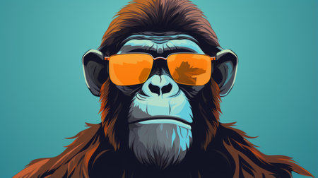 a gorilla wearing sunglasses stands out in this close-up, vibrant portrait. the orange gorillas surrounding it add a playful touch to the crisp neo-pop illustration style. with retro filters enhancing the image, the inventive character designs come to life in 8k resolution. the dark cyan and brown tones create a captivating atmosphere. ai generatedの素材