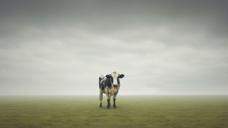 cow grazing in front of lush green grass, captured in the distinctive style of akos major. the fragmented planes and retro sci-fi elements evoke a sense of nostalgia, reminiscent of the works of jan van goyen and mitch griffiths. this minimalistic portrait was beautifully captured using the canon eos 5d mark iv. ai generatedの素材