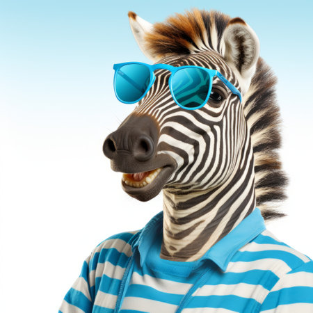 a zebra wearing glasses in a photorealistic representation, showcasing vacation dadcore style. the image features a playful and ironic twist with a humorous tone. the color palette includes cyan and brown, while the solarization effect adds a touch of artistic flair. the low resolution adds to the overall charm of the picture. ai generatedの素材