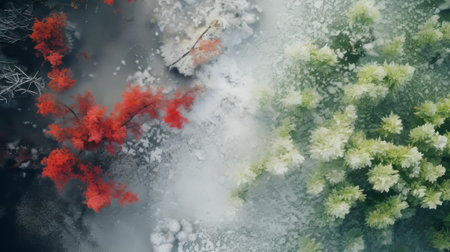 aerial photography captures the stunning winter landscape with autumn sky, reminiscent of the artistic styles of wu guanzhong, gabriele viertel, and suehiro maruo. the image showcases delicate flower and nature motifs, highlighted by a beautiful combination of light silver and red tones. the photograph exhibits ultrafine detail, reminiscent of the artistic techniques used during the heian period. ai generatedの素材