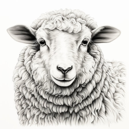 a black and white illustration of a sheep on a white background, showcasing a realistic hyper-detailed portrait. this pencil art illustration captures the classical proportions of the sheep, resembling realistic renderings of the human form. the style of holotone printing adds depth and texture to the image. ai generatedの素材